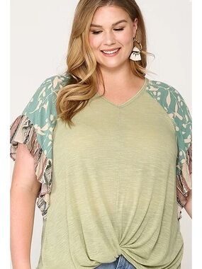 GGO Women's Floral Ruffle Short Sleeves Top Tied Front Boho Arsty Size M